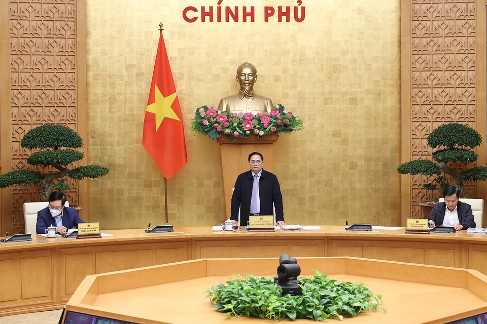 Hình ảnh Thủ tướng Phạm Minh Chính chủ trì cuộc họp. (Ảnh: Dương Giang/TTXVN)
