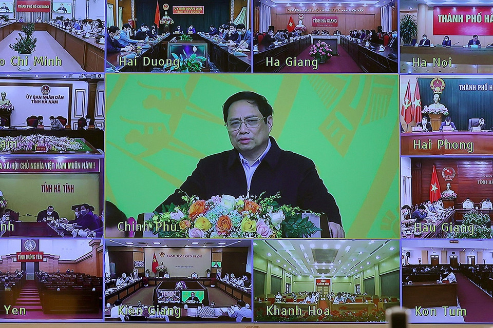 Hội nghị trực tuyến từ Chính phủ đến các bộ, ngành và các tỉnh, thành phố trực thuộc trung ương. (Ảnh: Dương Giang/TTXVN)