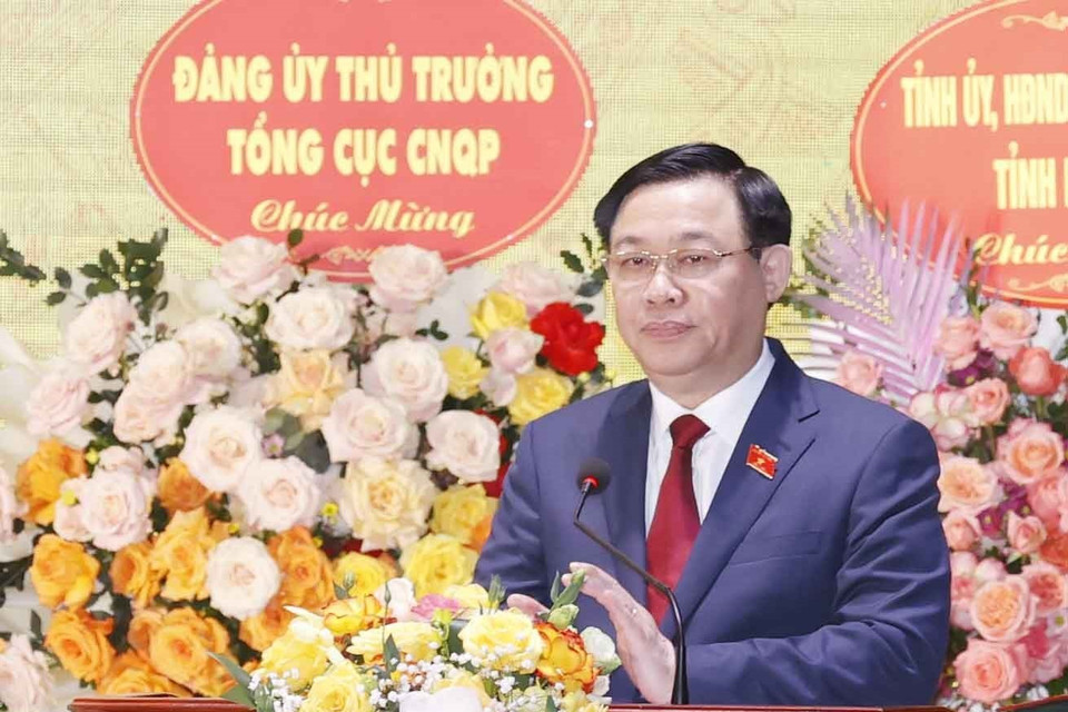 Chủ tịch Quốc hội Vương Đình Huệ phát biểu tại lễ kỷ niệm. (Ảnh: Doãn Tấn/TTXVN)