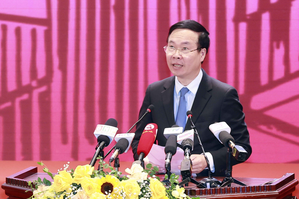 Ông Võ Văn Thưởng, Ủy viên Bộ Chính trị, Thường trực Ban Bí thư phát biểu. (Ảnh: Doãn Tấn/TTXVN)