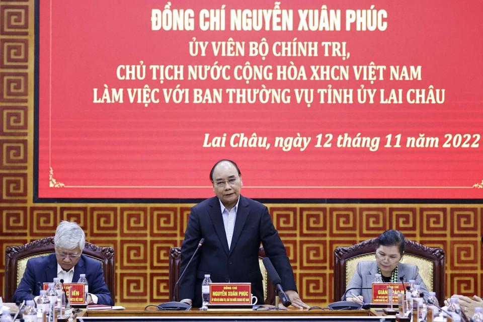 Chủ tịch nước Nguyễn Xuân Phúc phát biểu chỉ đạo tại buổi làm việc với Ban Thường vụ Tỉnh ủy Lai Châu. (Ảnh: Thống Nhất/TTXVN)