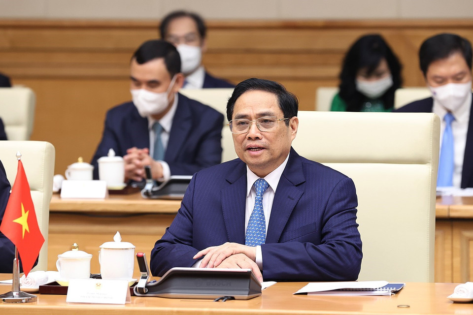 Hình ảnh Thủ tướng Phạm Minh Chính phát biểu tại cuộc hội đàm với Thủ tướng Lào Phankham Viphavanh. (Ảnh: Dương Giang/TTXVN)