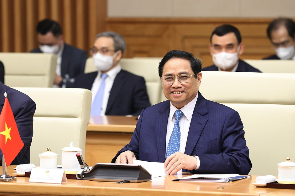 Thủ tướng Phạm Minh Chính phát biểu tại cuộc hội đàm với Thủ tướng Lào Phankham Viphavanh. (Ảnh: Dương Giang/TTXVN)