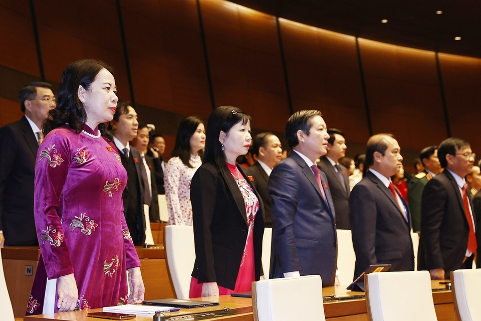 Các đại biểu dự Kỳ họp bất thường thứ hai thực hiện nghi lễ chào cờ. (Ảnh: Thống Nhất/TTXVN)