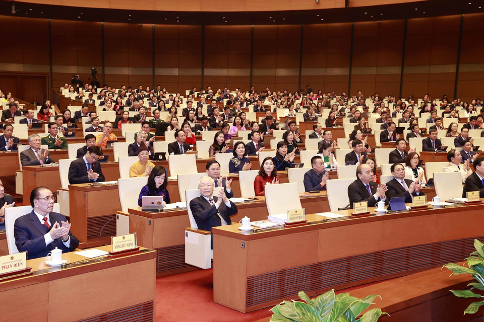 Tổng Bí thư Nguyễn Phú Trọng và các lãnh đạo, nguyên lãnh đạo Đảng, Nhà nước và đại biểu dự khai mạc. (Ảnh: Doãn Tấn/TTXVN)