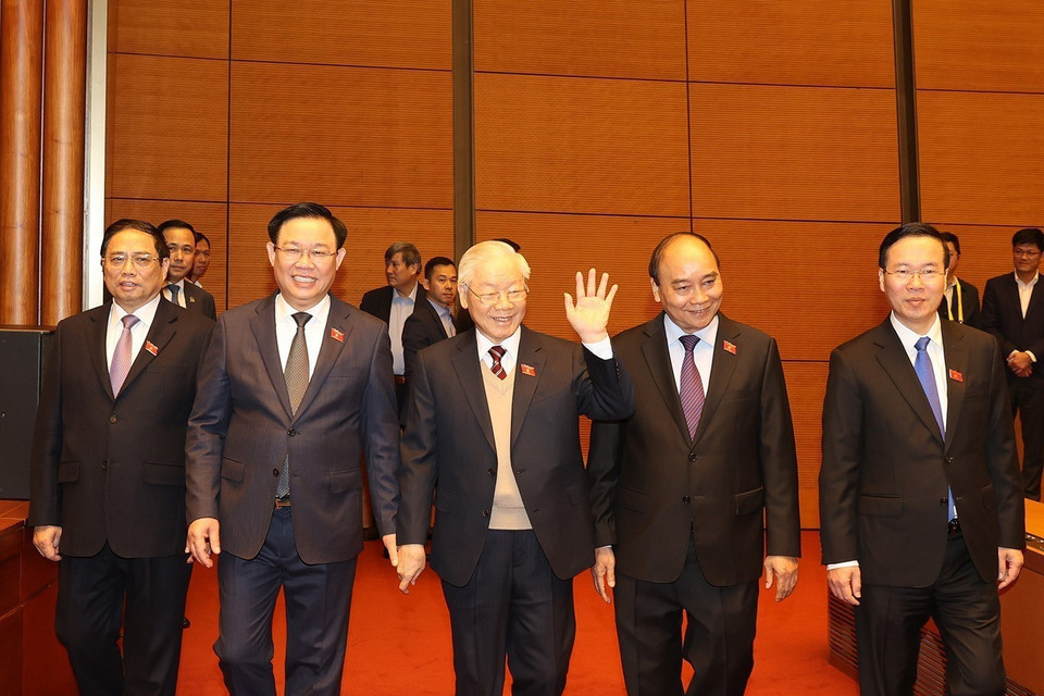 Tổng Bí thư Nguyễn Phú Trọng và các lãnh đạo Đảng, Nhà nước dự khai mạc Kỳ họp bất thường lần thứ hai, Quốc hội khóa XV. (Ảnh: Trí Dũng/TTXVN)