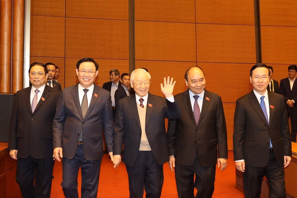 Tổng Bí thư Nguyễn Phú Trọng và các lãnh đạo Đảng, Nhà nước dự khai mạc Kỳ họp bất thường lần thứ hai, Quốc hội khóa XV. (Ảnh: Trí Dũng/TTXVN)