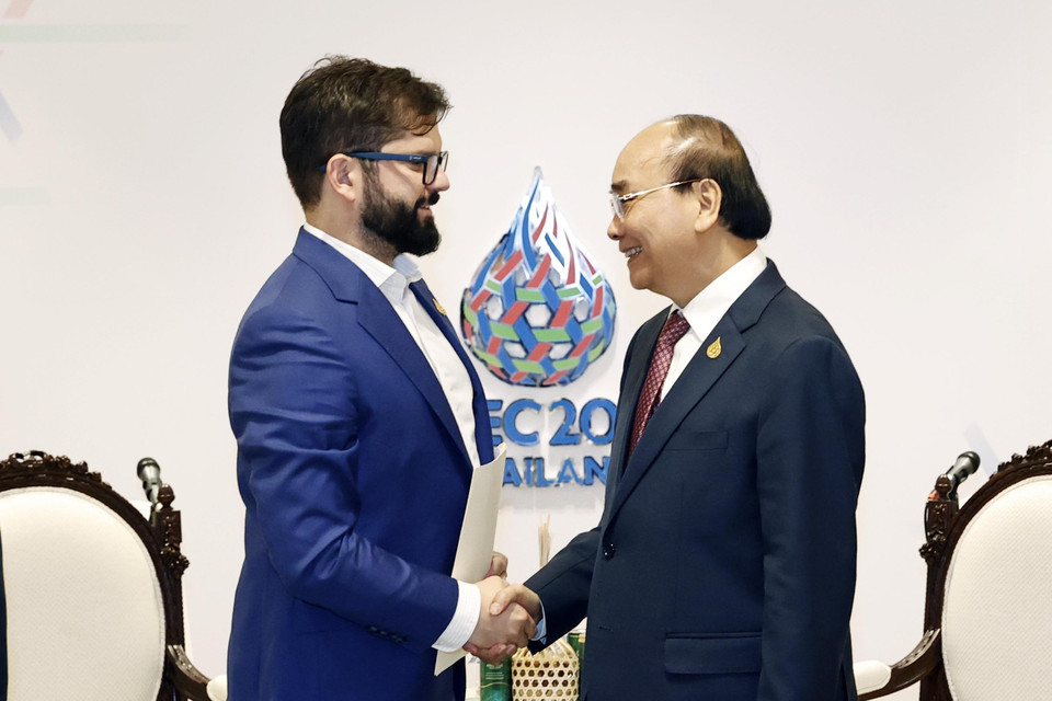 Chủ tịch nước Nguyễn Xuân Phúc gặp Tổng thống Chile Gabriel Boric. (Ảnh: Thống Nhất/TTXVN)