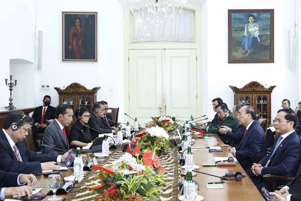 Chủ tịch nước Nguyễn Xuân Phúc hội đàm với Tổng thống Indonesia Joko Widodo. (Ảnh: Thống Nhất/TTXVN)