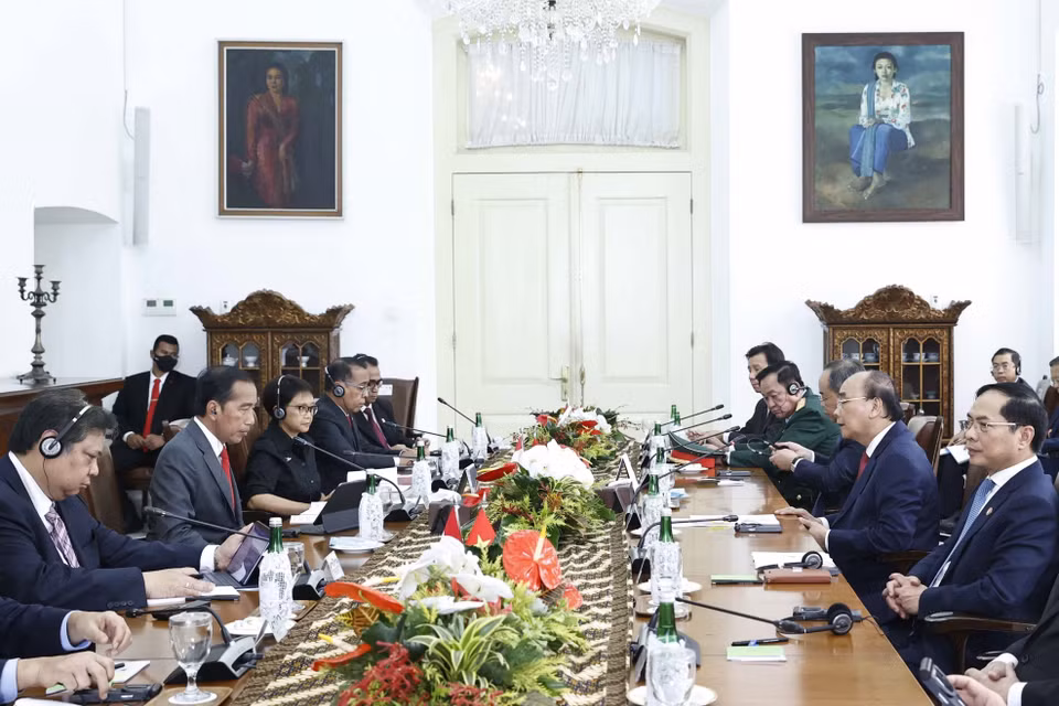 Chủ tịch nước Nguyễn Xuân Phúc hội đàm với Tổng thống Indonesia Joko Widodo. (Ảnh: Thống Nhất/TTXVN)