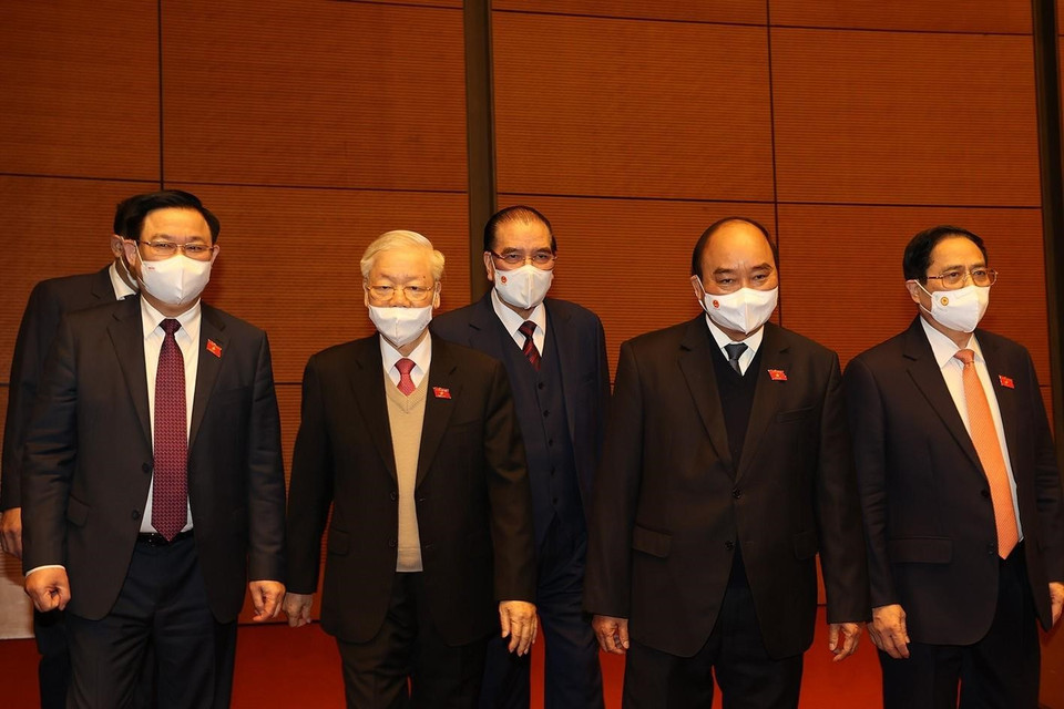 Hình ảnh Tổng Bí thư Nguyễn Phú Trọng và các lãnh đạo, nguyên lãnh đạo Đảng, Nhà nước đến dự phiên bế mạc. (Ảnh: Trí Dũng/TTXVN)