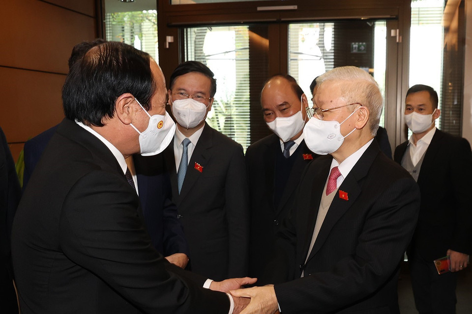 Tổng Bí thư Nguyễn Phú Trọng và các lãnh đạo Đảng, Nhà nước cùng các đại biểu Quốc hội dự phiên bế mạc. (Ảnh: Trí Dũng/TTXVN)