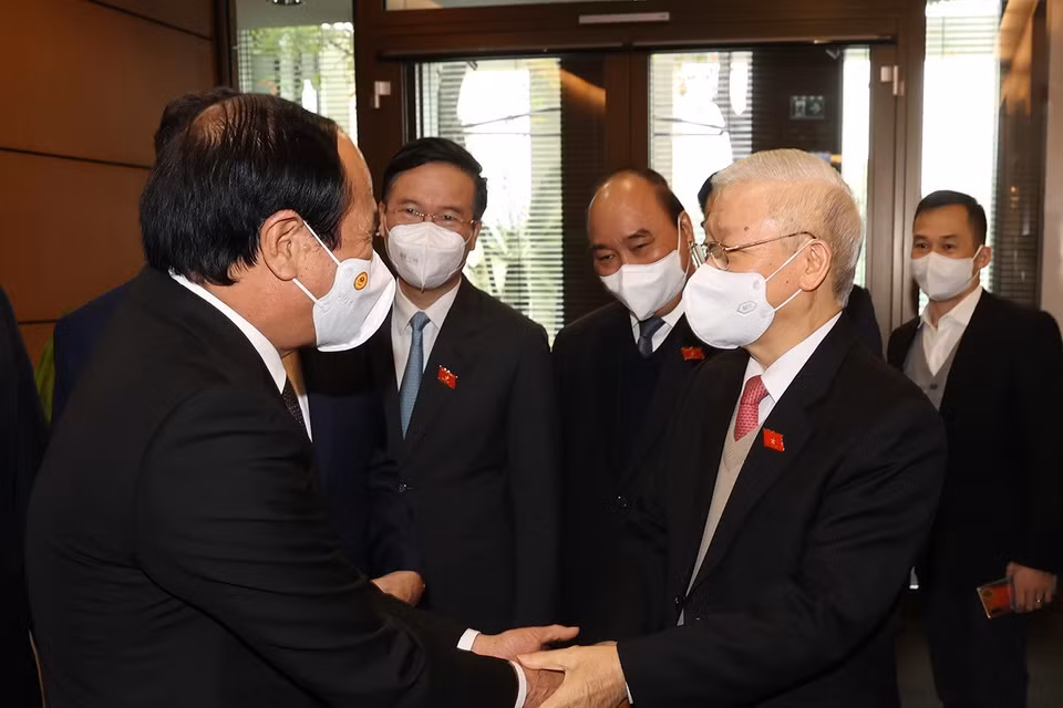 Tổng Bí thư Nguyễn Phú Trọng và các lãnh đạo Đảng, Nhà nước cùng các đại biểu Quốc hội dự phiên bế mạc. (Ảnh: Trí Dũng/TTXVN)