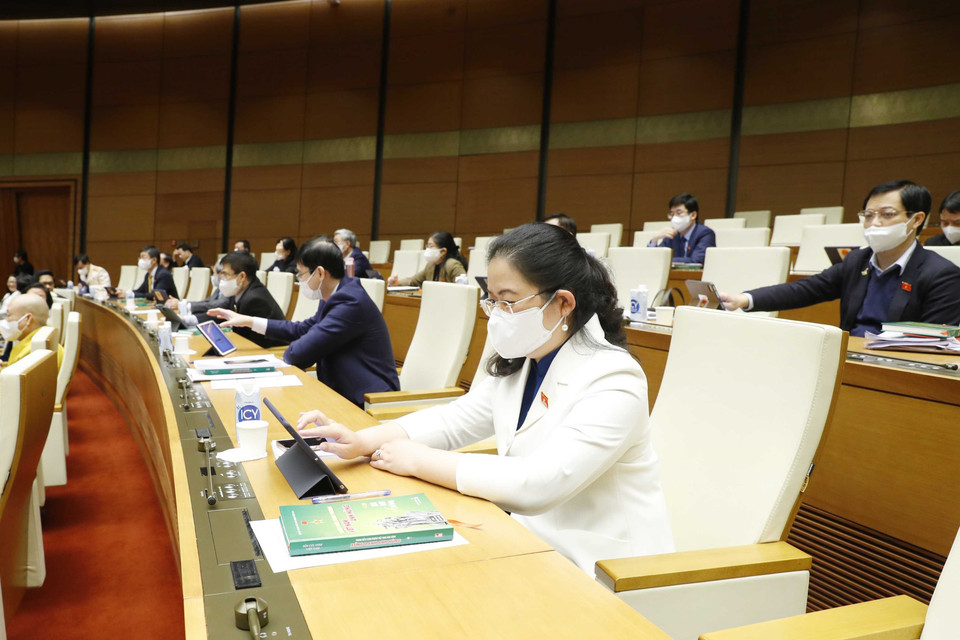 Đại biểu Quốc hội biểu quyết thông qua các dự án luật và nghị quyết quan trọng. (Ảnh: Phương Hoa/TTXVN)