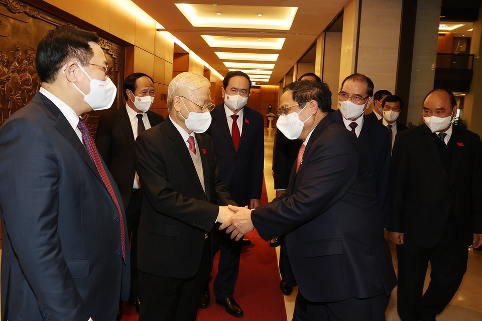 Tổng Bí thư Nguyễn Phú Trọng và các lãnh đạo, nguyên lãnh đạo Đảng, Nhà nước cùng các đại biểu Quốc hội. (Ảnh: Trí Dũng/TTXVN)