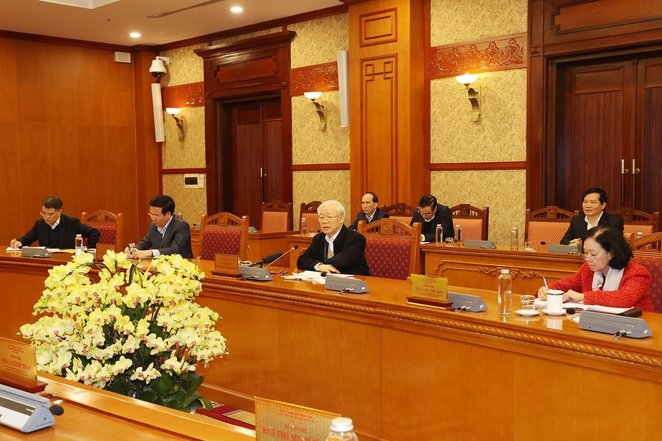 Tổng Bí thư Nguyễn Phú Trọng phát biểu kết luận cuộc họp. (Ảnh: Trí Dũng/TTXVN)