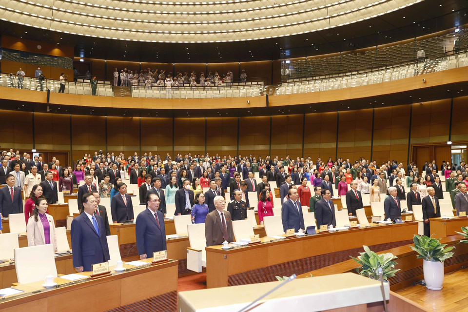 Đại biểu thực hiện nghi lễ chào cờ. (Ảnh: Doãn Tấn/TTXVN) 