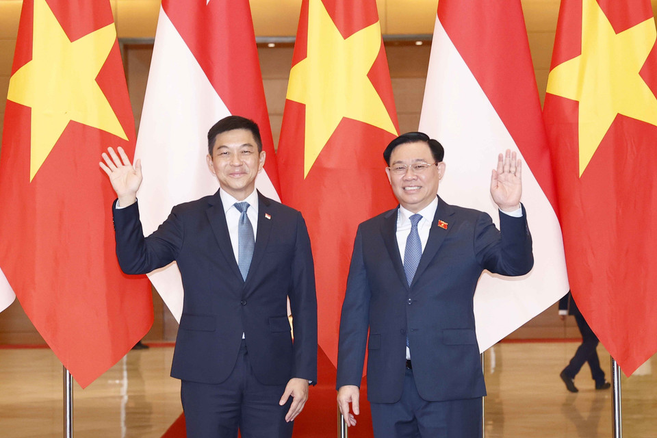 Chủ tịch Quốc hội Vương Đình Huệ và Chủ tịch Quốc hội Cộng hòa Singapore Tan Chuan-Jin chụp ảnh chung. (Ảnh: Doãn Tấn/TTXVN)