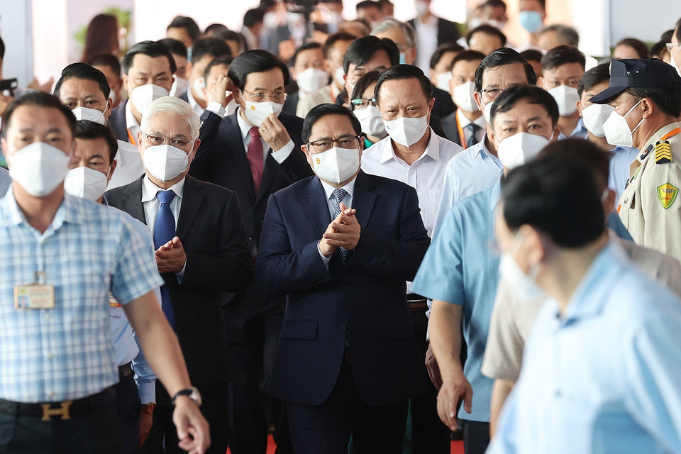 Thủ tướng Phạm Minh Chính đến dự lễ động thổ. (Ảnh: Dương Giang/TTXVN)