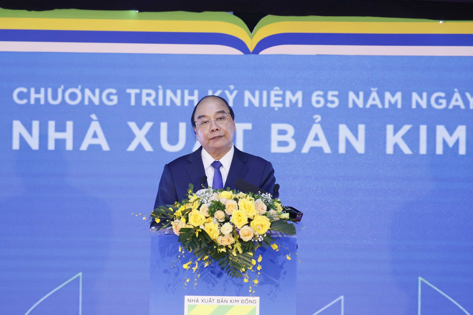 Chủ tịch nước Nguyễn Xuân Phúc phát biểu tại lễ kỷ niệm 65 năm Nhà xuất bản Kim Đồng. (Ảnh: Thống Nhất/TTXVN)