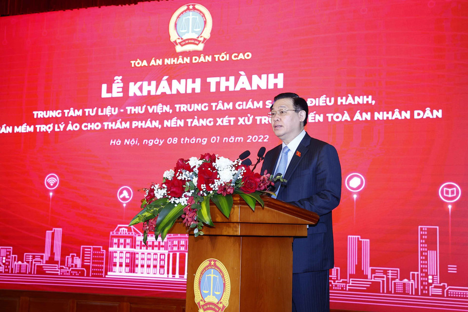 Hình ảnh Chủ tịch Quốc hội Vương Đình Huệ phát biểu tại lễ khánh thành. (Ảnh: Doãn Tấn/TTXVN)