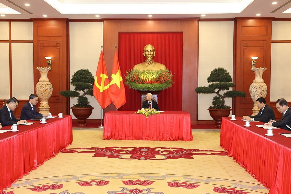 Chiều 31/3, tại Trụ sở Trung ương Đảng, Tổng Bí thư Nguyễn Phú Trọng điện đàm với Thủ tướng Cộng hòa Liên bang Đức Olaf Scholz. (Ảnh: Trí Dũng/TTXVN)