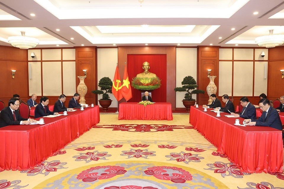 Quang cảnh cuộc điện đàm của Tổng Bí thư Nguyễn Phú Trọng với Thủ tướng Đức Olaf Scholz tại Hà Nội. (Ảnh: Trí Dũng/TTXVN)