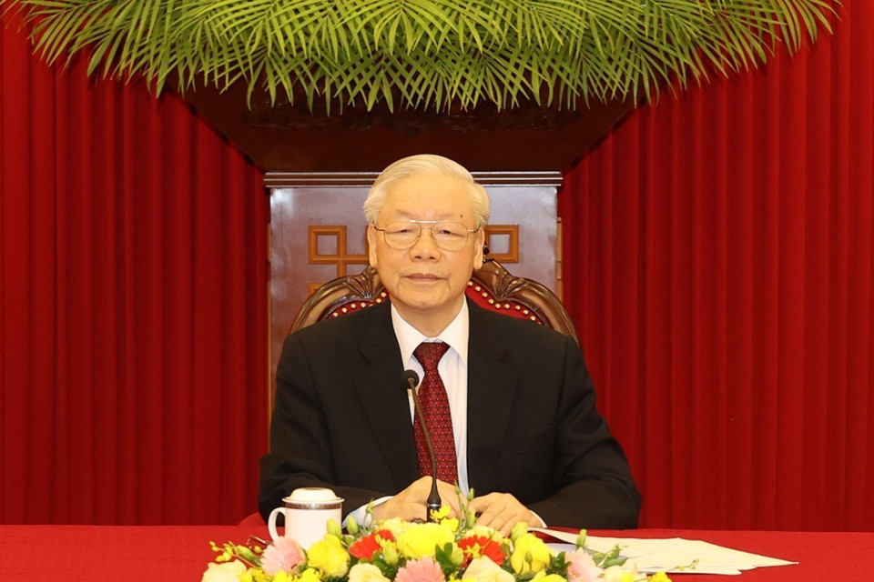 Tổng Bí thư Nguyễn Phú Trọng điện đàm với Thủ tướng Đức Olaf Scholz. (Ảnh: Trí Dũng/TTXVN)