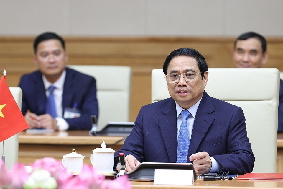 Thủ tướng Phạm Minh Chính phát biểu tại cuộc hội đàm. (Ảnh: Dương Giang/TTXVN)