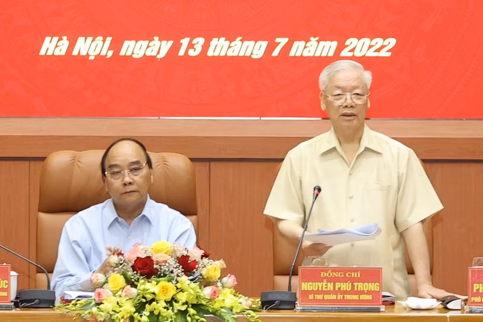Hình ảnh Tổng Bí thư Nguyễn Phú Trọng, Bí thư Quân ủy Trung ương phát biểu kết luận hội nghị. (Ảnh: Trí Dũng/TTXVN)