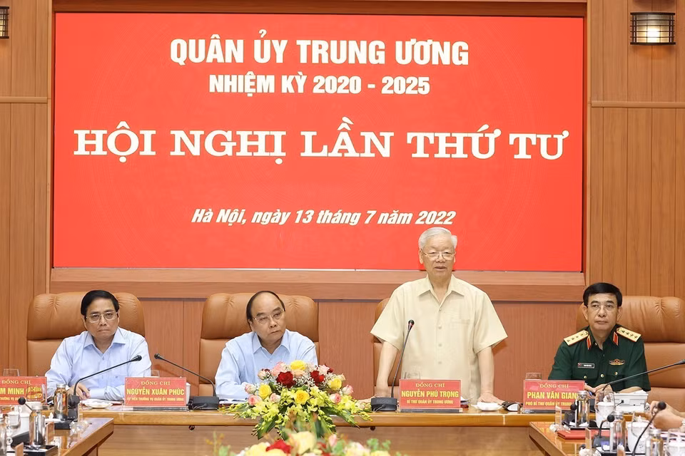 Tổng Bí thư Nguyễn Phú Trọng, Bí thư Quân ủy Trung ương phát biểu kết luận hội nghị. (Ảnh: Trí Dũng/TTXVN)