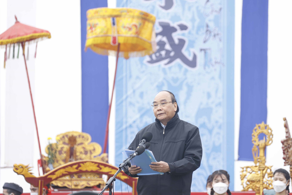 Chủ tịch nước Nguyễn Xuân Phúc phát biểu tại Lễ Tịch điền Đọi Sơn. (Ảnh: Thống Nhất/TTXVN)