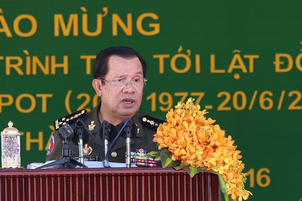 Thủ tướng Campuchia Samdech Techo Hun Sen phát biểu tại buổi lễ. (Ảnh: Dương Giang/TTXVN)