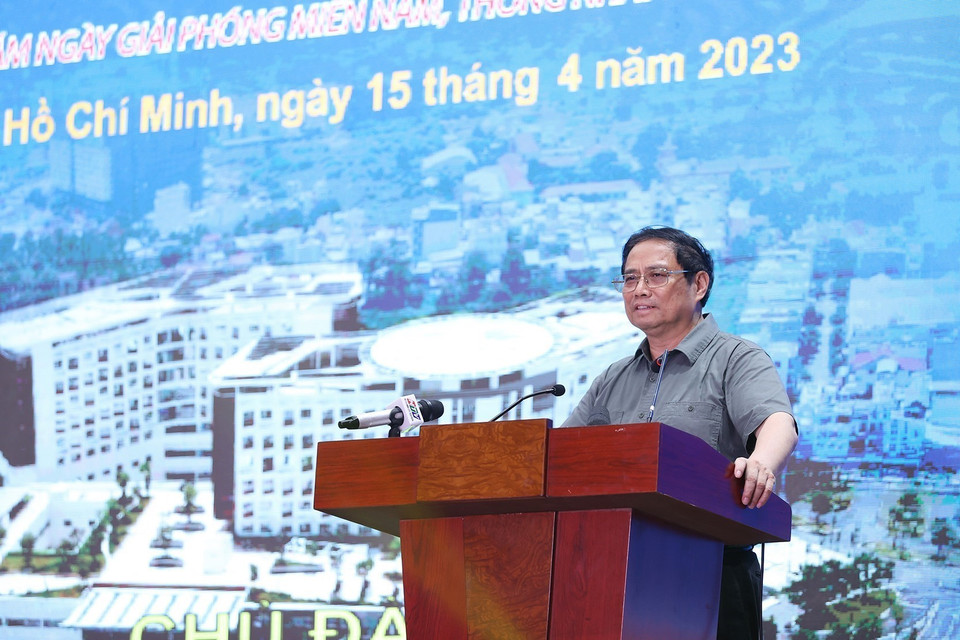 Thủ tướng Phạm Minh Chính phát biểu tại lễ khánh thành Bệnh viện Ung Bướu Thành phố Hồ Chí Minh cơ sở 2. (Ảnh: Dương Giang/TTXVN)