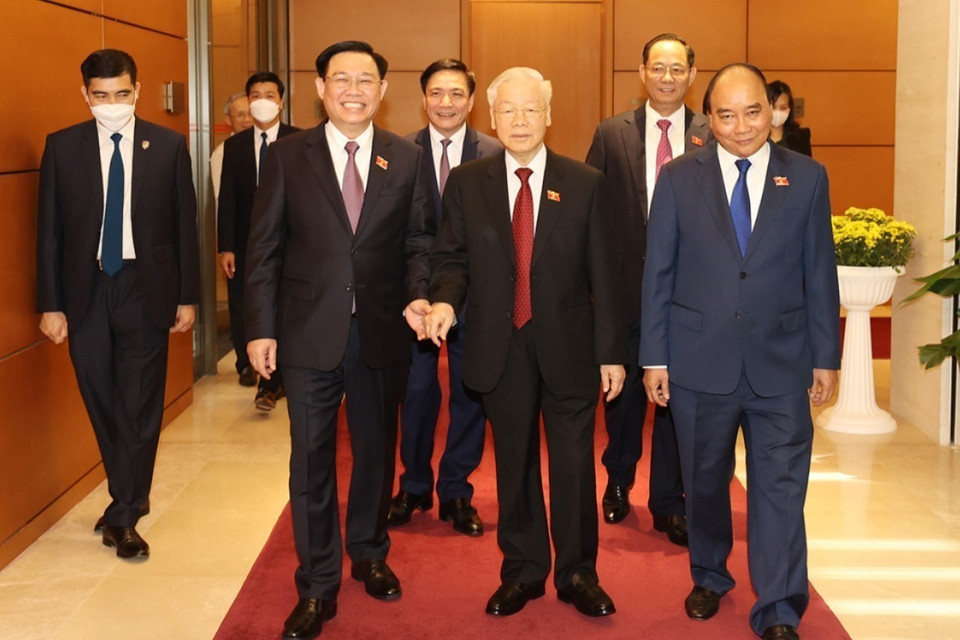 Tổng Bí thư Nguyễn Phú Trọng cùng các lãnh đạo Đảng, Nhà nước và các đại biểu tới dự phiên bế mạc. (Ảnh: Trí Dũng/TTXVN)