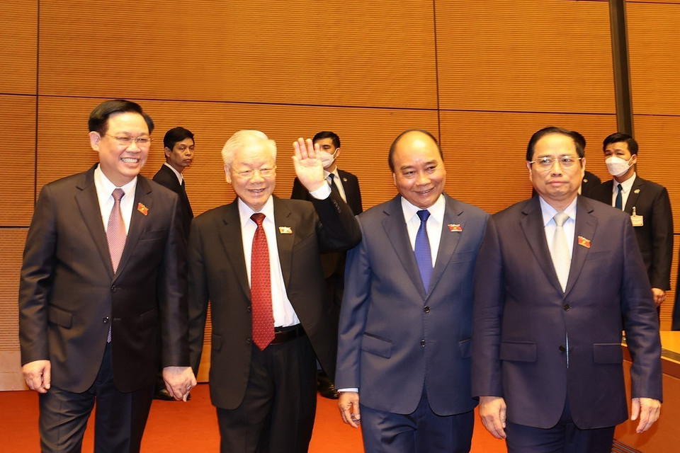 Hình ảnh Tổng Bí thư Nguyễn Phú Trọng, Chủ tịch nước Nguyễn Xuân Phúc, Thủ tướng Phạm Minh Chính, Chủ tịch Quốc hội Vương Đình Huệ tới dự phiên bế mạc. (Ảnh: Trí Dũng/TTXVN) 