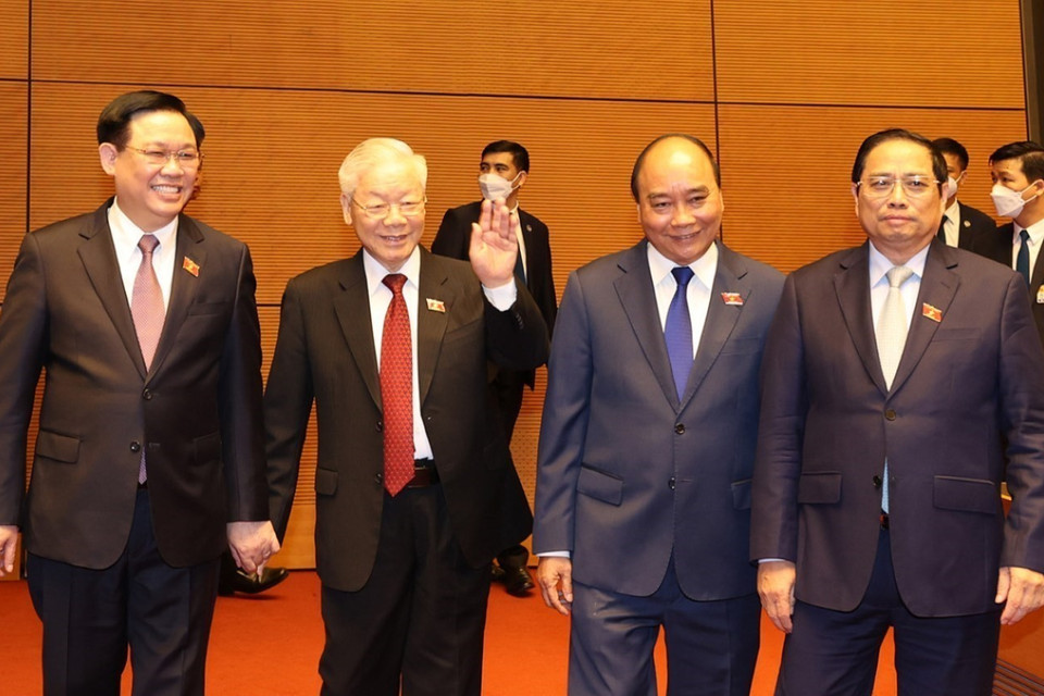 Tổng Bí thư Nguyễn Phú Trọng, Chủ tịch nước Nguyễn Xuân Phúc, Thủ tướng Phạm Minh Chính, Chủ tịch Quốc hội Vương Đình Huệ tới dự phiên bế mạc. (Ảnh: Trí Dũng/TTXVN)