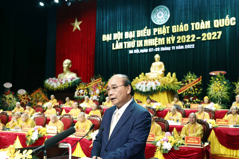 Hình ảnh Chủ tịch nước Nguyễn Xuân Phúc phát biểu chúc mừng và chỉ đạo đại hội. (Ảnh: Thống Nhất/TTXVN)