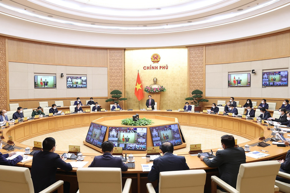 Quang cảnh cuộc họp tại điểm cầu Chính phủ. (Ảnh: Dương Giang/TTXVN)