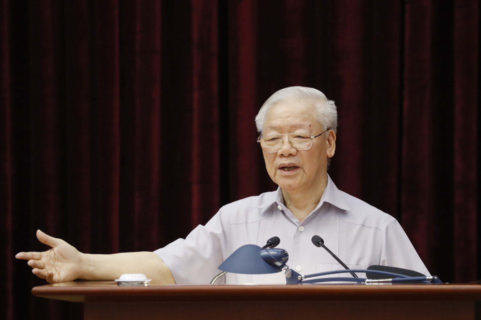 Tổng Bí thư Nguyễn Phú Trọng, Trưởng Ban Chỉ đạo Trung ương về phòng, chống tham nhũng, tiêu cực phát biểu chỉ đạo hội nghị. (Ảnh: Phương Hoa/TTXVN)