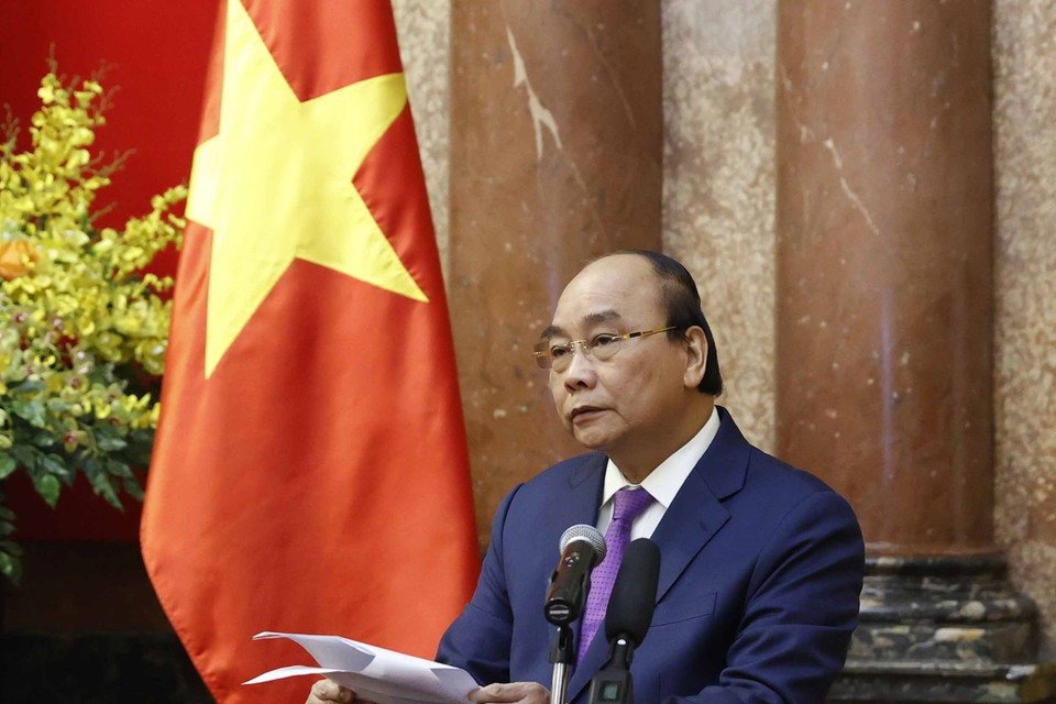 Chủ tịch nước Nguyễn Xuân Phúc phát biểu tại buổi gặp mặt. (Ảnh: Thống Nhất/TTXVN)