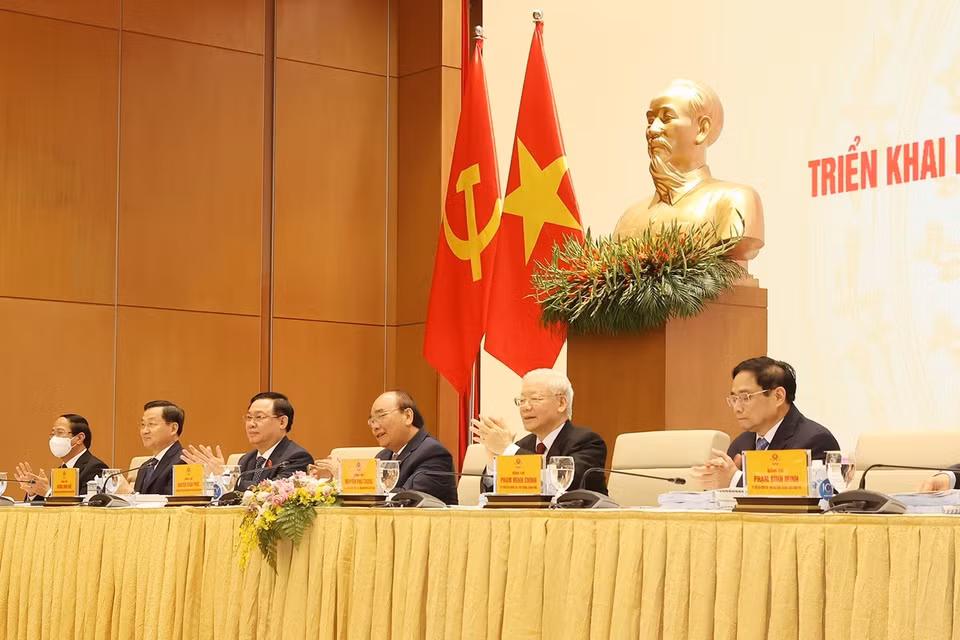 Tổng Bí thư Nguyễn Phú Trọng cùng các lãnh đạo Đảng, Nhà nước chủ trì hội nghị. (Ảnh: Trí Dũng/TTXVN)