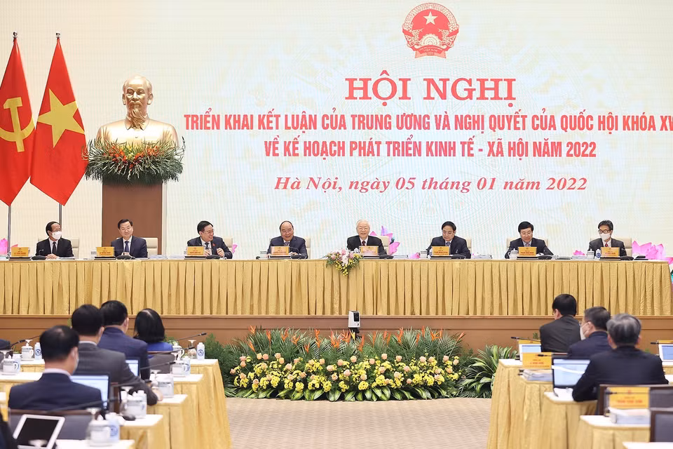  Tổng Bí thư Nguyễn Phú Trọng, Chủ tịch nước Nguyễn Xuân Phúc, Thủ tướng Phạm Minh Chính và Chủ tịch Quốc hội Vương Đình Huệ chủ trì hội nghị. (Ảnh: Dương Giang/TTXVN)