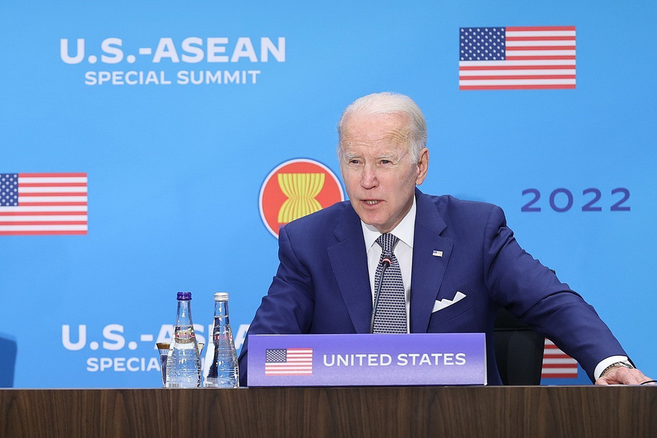 Tổng thống Hoa Kỳ Joseph Robinette Biden Jr. phát biểu tại Hội nghị cấp cao đặc biệt ASEAN-Hoa Kỳ. (Ảnh: Dương Giang/TTXVN)