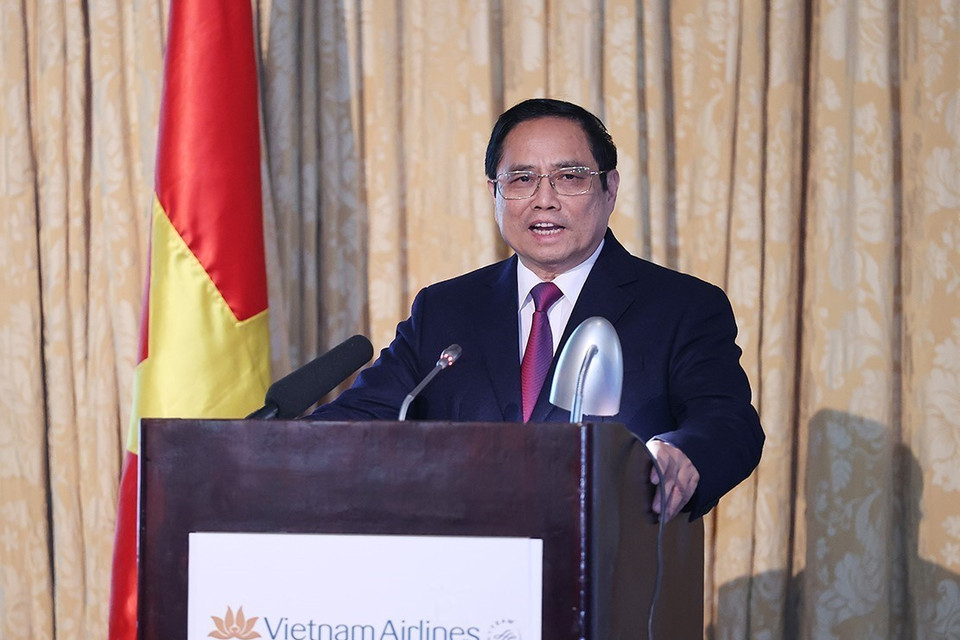 Thủ tướng Phạm Minh Chính phát biểu tại Hội nghị xúc tiến thương mại-đầu tư-du lịch giữa Việt Nam và Hoa Kỳ. (Ảnh: Dương Giang/TTXVN)