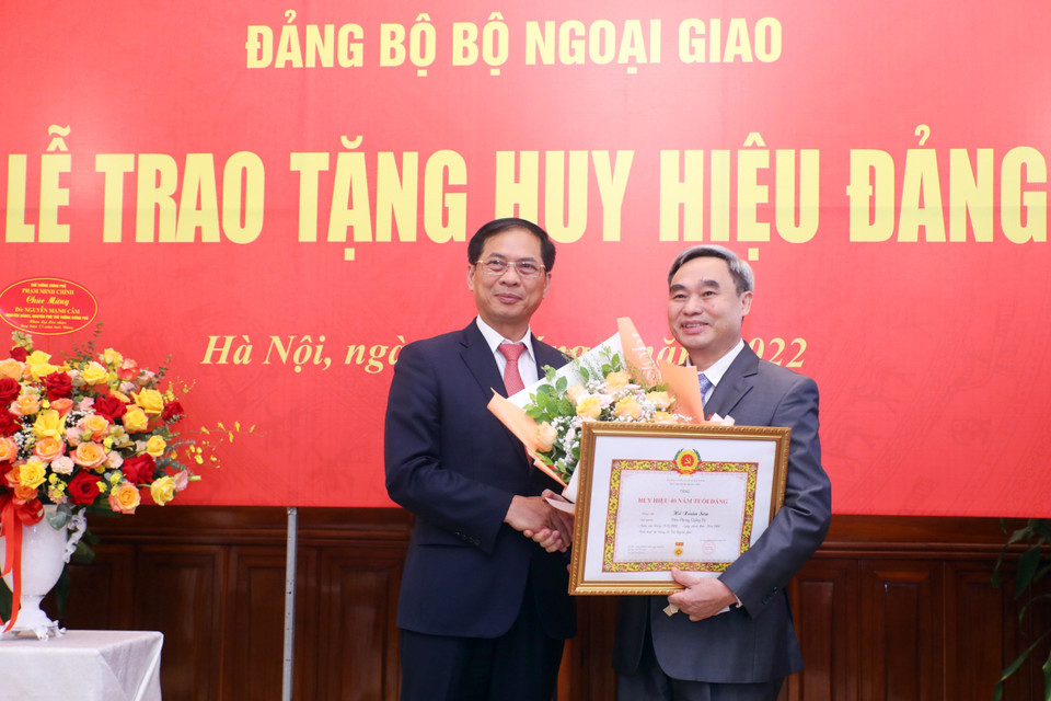 Bộ trưởng Bộ Ngoại giao Bùi Thanh Sơn trao Huy hiệu 40 năm tuổi Đảng tặng ông Hồ Xuân Sơn, nguyên Ủy viên Trung ương Đảng, nguyên Thứ trưởng Bộ Ngoại giao. (Ảnh: Lâm Khánh/TTXVN)