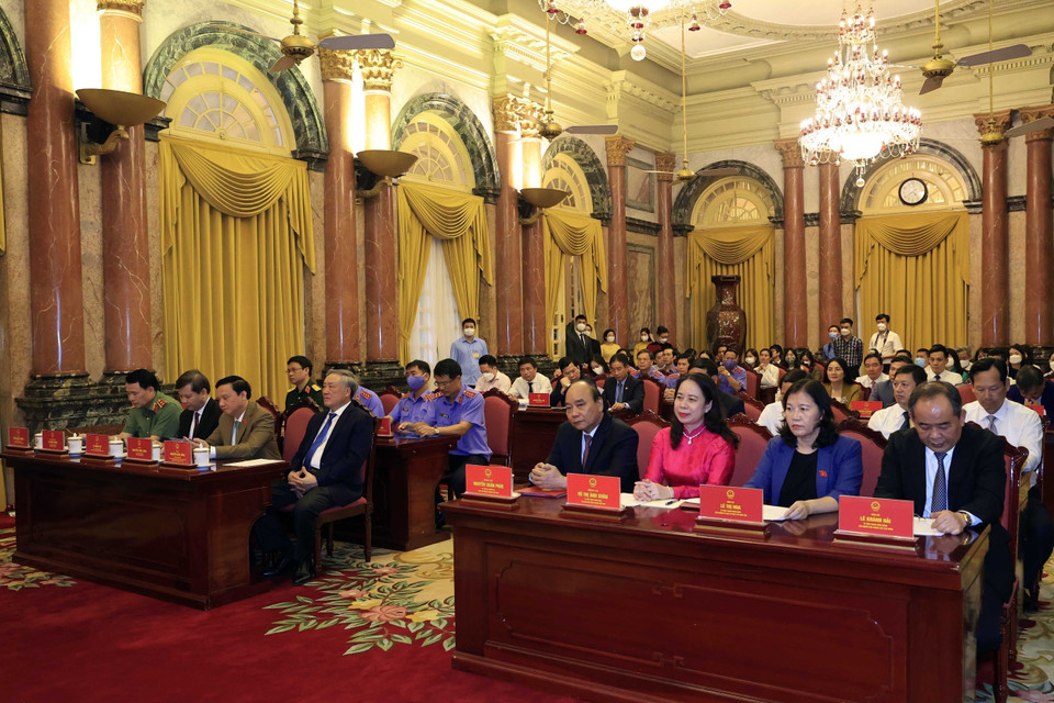 Các đại biểu dự Lễ ký Quy chế phối hợp công tác giữa Văn phòng Chủ tịch nước, Tòa án Nhân dân Tối cao và Viện Kiểm sát Nhân dân Tối cao. (Ảnh: Thống Nhất/TTXVN)