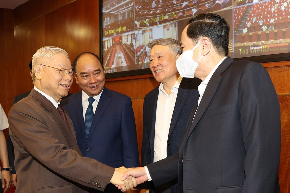 Tổng Bí thư Nguyễn Phú Trọng, Chủ tịch nước Nguyễn Xuân Phúc cùng các lãnh đạo Đảng, Nhà nước dự hội nghị. (Ảnh: Trí Dũng/TTXVN)