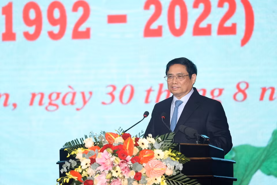 Thủ tướng Phạm Minh Chính phát biểu tại Lễ kỷ niệm 30 năm tái lập tỉnh Bình Thuận. (Ảnh: Dương Giang/TTXVN)