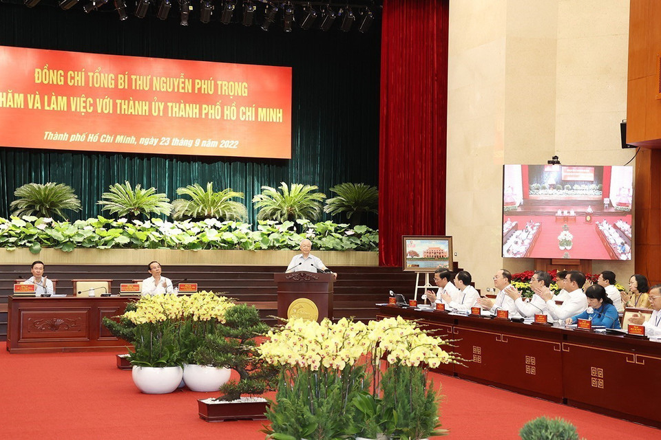 Toàn cảnh Tổng Bí thư Nguyễn Phú Trọng phát biểu kết luận tại buổi làm việc. (Ảnh: Trí Dũng/TTXVN)